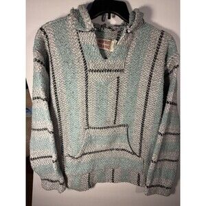 Gypsy Striped Knit Hooded Pullover Hoodie Light Blue Gray Men's L Long Sleeve